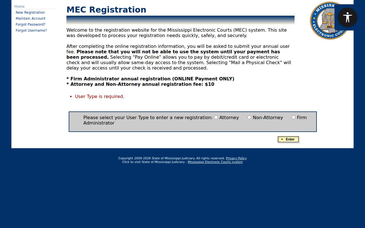 Mississippi PAMEC public registration page